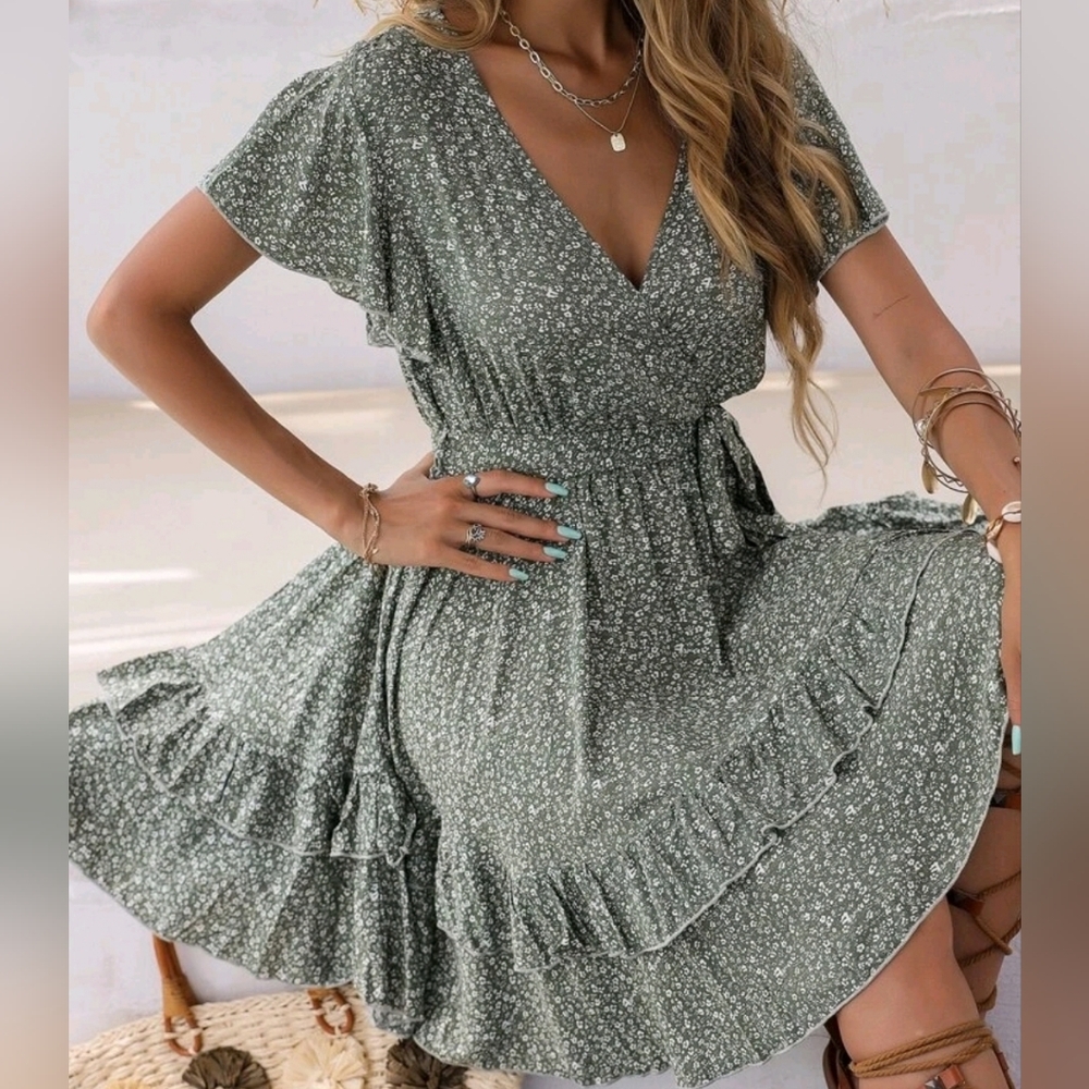 Shein Floral V-Neck Ruffle Summer Dress in Sage Green, Size M